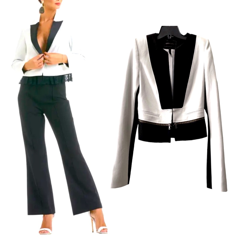 BCBG Shoulder Pad Pearl Grey Black V Neckline Blazer Jacket Size XS|TP